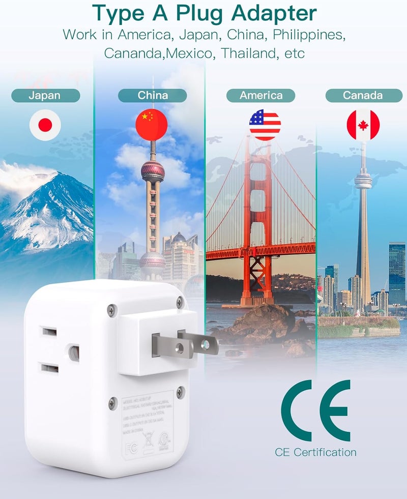 Addtam US to Japan Plug Adapter, 2 Prong to 3 Prong Outlet Adapter with 3 AC Outlets 3 USB Ports(1 USB C), Travel Power Plug Adaptor for USA to Japanese Canada Mexico Philippines Peru, Type A - Image 3